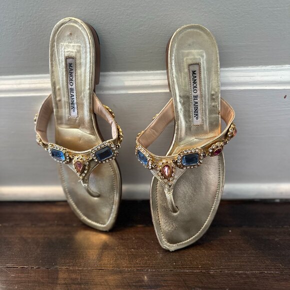Manolo Blahnik Gold Leather Jeweled Flats - sz 38 (runs small - best for a 37) - Picture 8 of 10